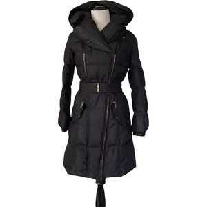 add 2 Black Long Belted Down Puffer Coat Hood FLAW